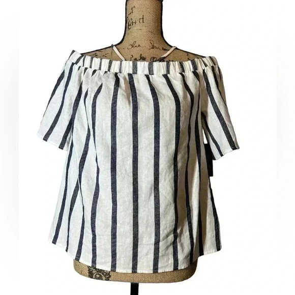 Vince Camuto Linen Off Shoulders Top White Blue Strips Short Sleeve Size  Small - Picture 1 of 7